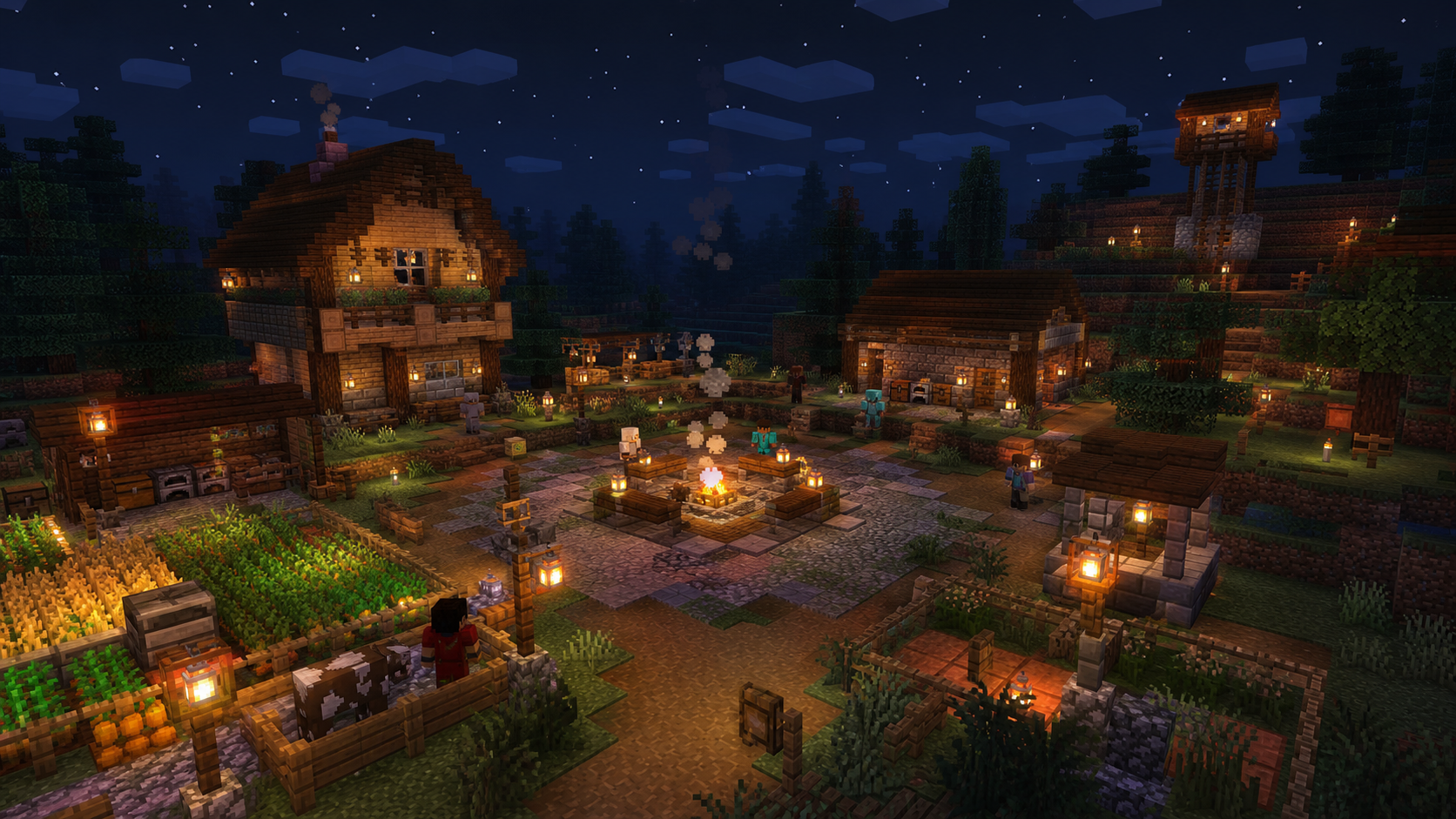 Players gathered in a lantern-lit block village at night
