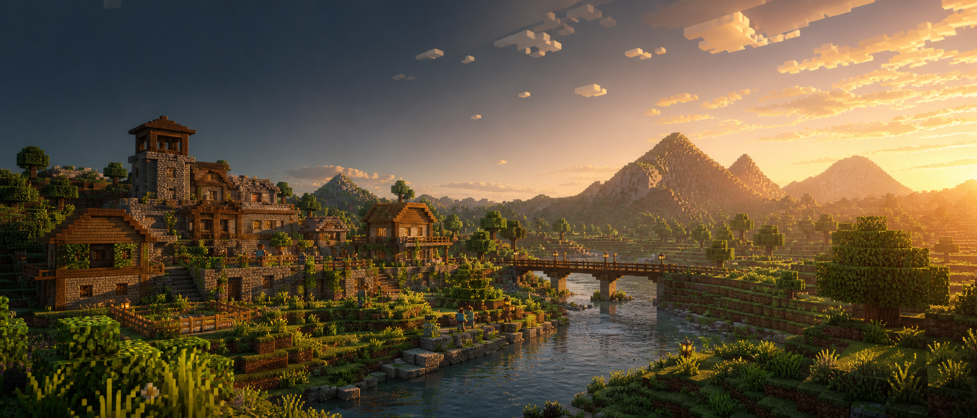 A block-built survival village beside a river at sunset